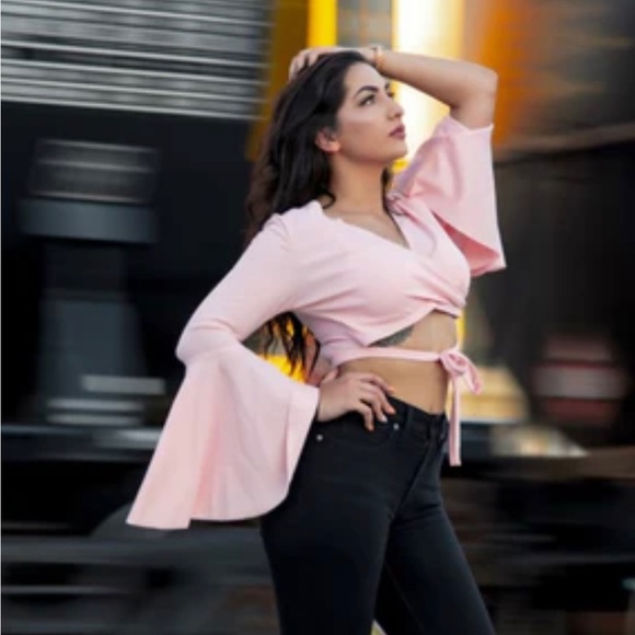 SHEIN Tops - SHEIN | Women’s Peach Crop Faux Wrap Long Bell Sleeves Tie Front Top Size S